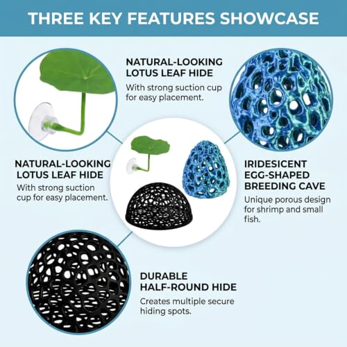 4-Piece Breeding Sanctuary Set with Egg-Shaped and Half-Round Caves, Shrimp Hides for Aquarium,Plastic Aquarium Decorations for Betta Fish and Nano Tanks, Safe Molting Shelters with Leaf Accents