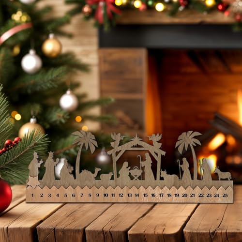 Cinrobiye Countdown to Christmas Wooden Nativity Advent Calendar,2025 Countdown Advent Calendar Christian Religious Xmas Decorations for Door Table Wall Mantel Holiday Farmhouse Decor (Nativity)