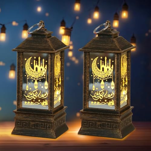 Hying 2 Pieces Ramadan Lanterns 5.2" Height Size Hanging Lamp Decoration Eid Mubarak Flameless Candle Lanterns Moroccan Decorative Lantern Ramadan Gifts Eid Mubarak Lamp for Home Tabletop Decor - color: Style 5: Eid Lantern