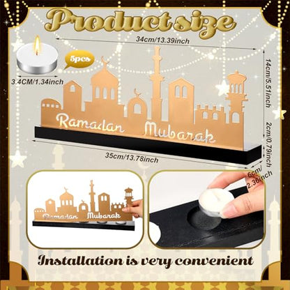 MorningRo Ramadan Mubarak Decorations Islamic Candle Holder with 5 Tea Candles Eid Mubarak Metal Sign with Wood Base Ramadan Kareem Table Centerpieces Eid Al Fitr Muslim Party Gifts - style: Classic