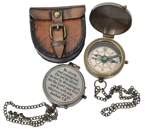 Vintage Brass Compass Engraved with Joshua 1:9 – “Be Strong and Courageous” Christian Gift for Men, Graduation, Baptism & Confirmation – Antique Nautical Compass with Leather Box