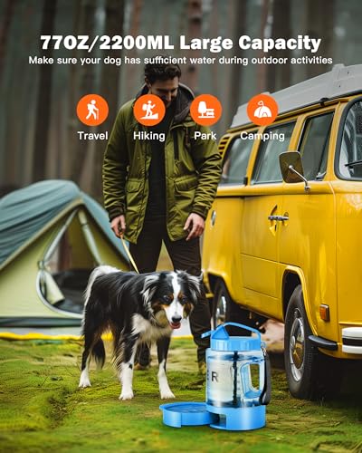 77oz Large Dog Water Bottle - Portable Travel Dog Water Dispenser & Bowl - Leak-Proof Pet Water Jug for Hiking, Camping, Walking & Car Trips, Blue