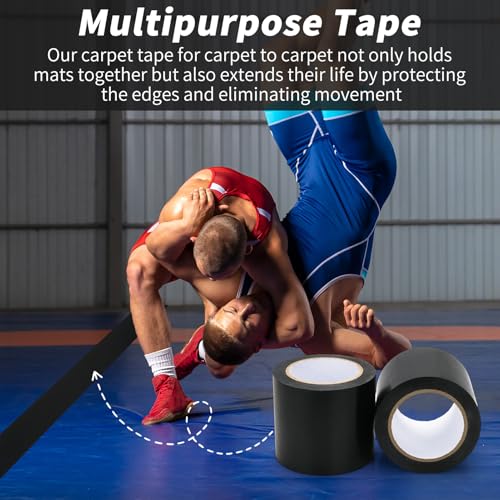 2 Rolls 4" x 108′ Wrestling Mat Tape Heavy Duty Gym Carpet Seam Tape, 7 Mil Strong Adhesive PVC Mat Tape for MMA, BJJ, Grappling, Wrestling and Exercise Mats, Black