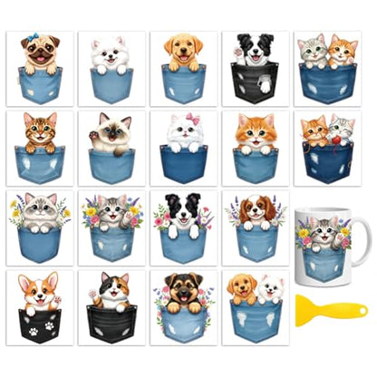 Peacoblue Pocket Cats, Dogs Rub On Transfers for Craft, Transfer Sticker | 18 Sheets UV DTF Transfers, Waterproof Rub On Decals for Wood, Glass, Furniture, Tumblers & Home Decor Crafts - style: Pocket Cats and Dogs