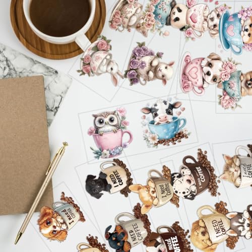 arricraft 10 Pcs Colorful Coffee Cup Animal Theme Cup Printing UV Transfer Papers, 10 Styles Dog Cat Rabbit UV DTF Cup Wrap Stickers for 16 OZ Glass Cups Crafts 9.5x4.3inch - style: Coffee Cup Animal Theme