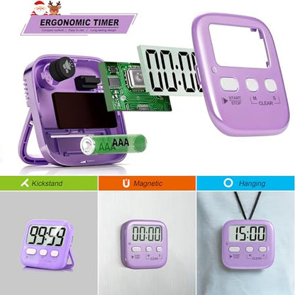 2 Pack Digital Timer for Kids Classroom Kitchen Timers for Cooking | w/ Battery, Easy to View, Alarm, Mute Mode, Count Down/Up, Magnetic, Kickstand, Hanging, Classroom Timer for Teacher Supplies - color: 2 * Pink + Purple
