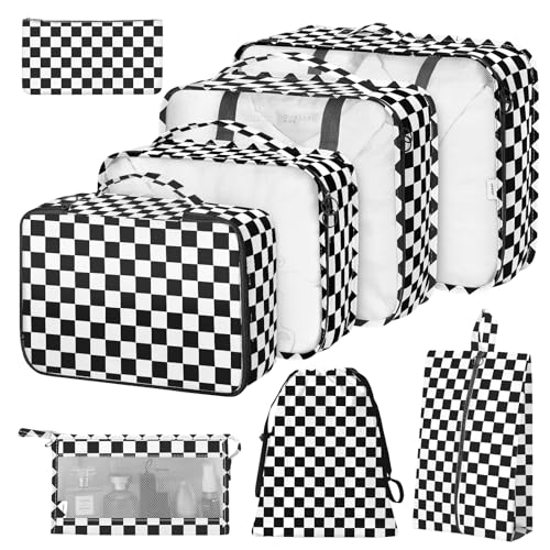 8 Set Packing Cubes for Suitcases,Packing Cube with Shoe, Cosmetics, Clothing, and Accessories Bags Packing Cubes for Travel Luggage Organizer Women Men(Black White Checkered) - color: Black White Checkered