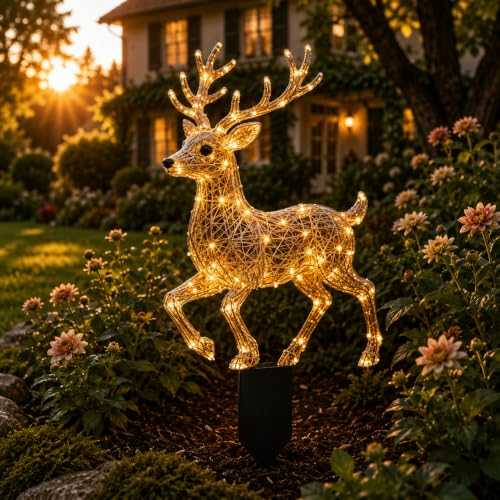 Woven Reindeer String Light Pattern Acrylic Garden Ground Stakes, 20cm Waterproof Transparent Patio Sign, Warm Light Deer Shadow Acrylic Outdoor Lawn Decoration, Suitable for Patio Path Backyard