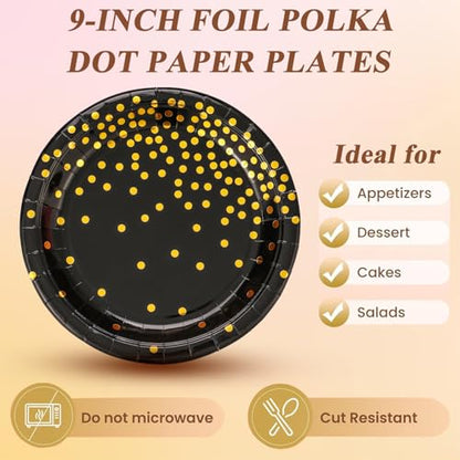 150 PCS Black and Gold Paper Plates Napkins Forks Party Supplies Serves 50, Golden Dot Disposable Paper Dinnerware 9" Plates for Birthday, New Years Eve, Graduation, Retirement Party - color: Black Gold (Serves 50)