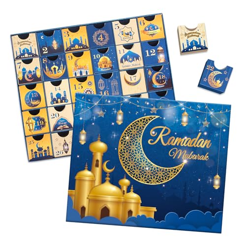Ramadan Advent Calendar with Drawers, 30 Empty Boxes for 30 days, Eid Mubarak Coutdown Calendar Fillable Ramadan Gift Box, Islamic Art, Cardboard Number Storage Box, Ramazan Party Supplies - Blue