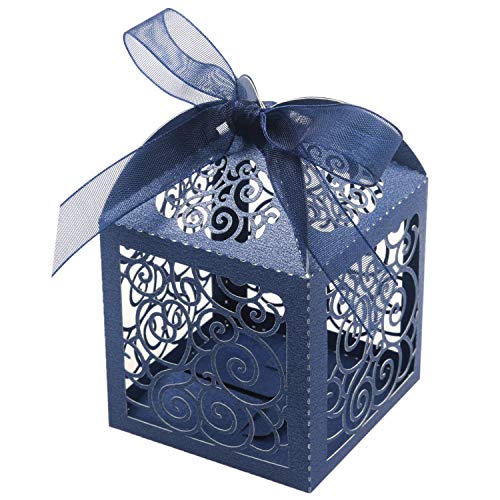 KPOSIYA 100 Pack Wedding Favor Boxes Laser Cut Boxes Party Favor Box Small Gift Boxes Lace Candy Boxes for Wedding Bridal Shower Baby Shower Birthday Party Anniverary with Ribbons (Navy, 100) - color: Navy 100