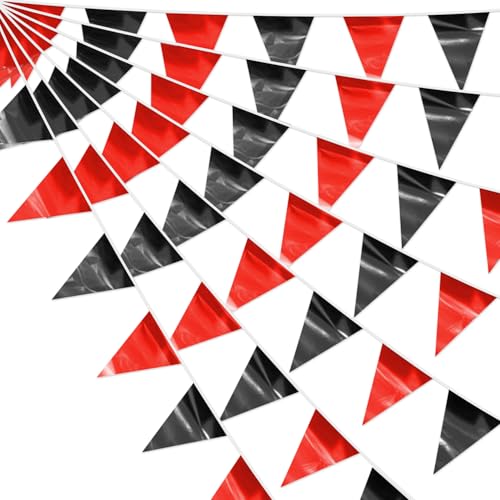4P Black Red Party Decorations - Metallic Fabric Triangle Pennant Banner Flags - Indoor/Outdoor Bunting Garland for Birthday, Wedding, Graduation & Theme Parties - color: Black Red