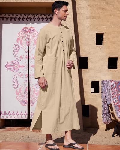 YAOHUOLE Kaftan for Men Long Sleeve Muslim Men Thobe Kaftan Thobe with Pockets - color: Khaki, size: XX-Large