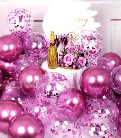 AULE Party Balloons Pack of 42 - Metallic Chrome Hot Pink Balloons and Hot Pink Confetti Latex Helium Balloons With 64ft Ribbons - 12 Inch Balloon Decoration Set - color: Hot Pink