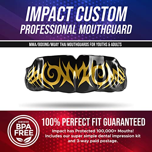 Impact Mouthguard Boxing, MMA, Muay Thai Sports Mouthguards for Youth Adults, Professional Custom-Fit, Tribal Gold on Black - color: Gold on Black
