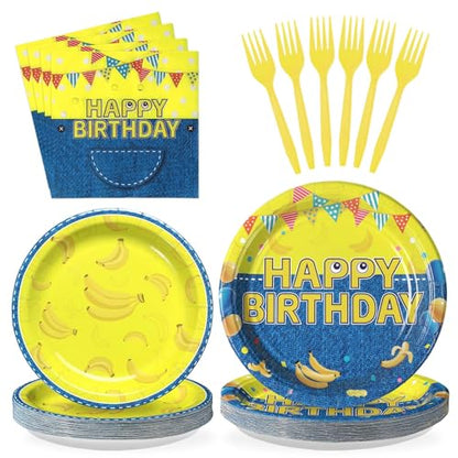 Grencian 96Pcs Yellow Cartoon Birthday Party Decorations Yellow Cartoon Paper Plates and Napkins Banana Theme Disposable Tableware for Banana Theme Birthday Decorations Serves 24 - style: Yellow Cowboy Birthday