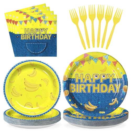 Grencian 96Pcs Yellow Cartoon Birthday Party Decorations Yellow Cartoon Paper Plates and Napkins Banana Theme Disposable Tableware for Banana Theme Birthday Decorations Serves 24 - style: Yellow Cowboy Birthday
