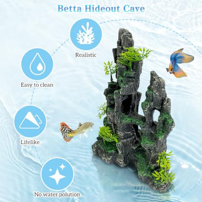 kathson Aquarium Mountain View Stone Resin Fish Tank Decoration Betta Hideout Caves Rockery Landscape Tree Rock Hiding Cave Decor for Small Fish Shrimp Play Ornament - size: 8.0〞L x 4.3〞W x 10.4〞H