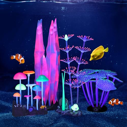 Lpraer 4 Pack Glow Aquarium Decorations Branch Coral Reef Mushroom Seaweed Simulation Glow Plant Glowing Effect Silicone for Fish Tank Decorations - color: 4 Pcs(branch Coral+coral+mushrooms+seaweed)