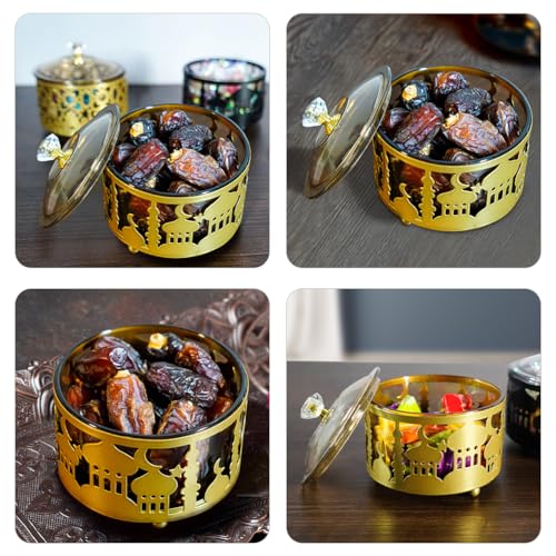 Lurrose Ramadan Candy Jar with Lid Eid Mubarak Snacks Container Box Sugar Storage Bowl Ramadan Party Tray Arab Dish Kitchen Food Storage Jar