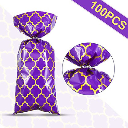 Tenare 100 Pcs Arabian Purple Gold Cellophane Treat Bags with Twist Ties Plastic Candy Goodie Gift Wrap Princess Arabian Nights Party Decorations for Halloween Bakery, Birthday, Wedding, Party Favors