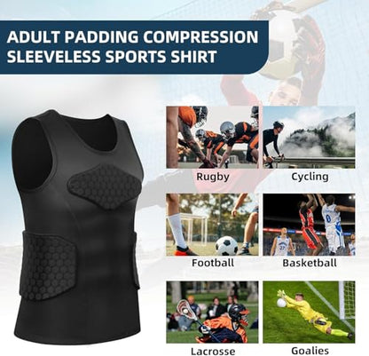 Zicac Men's Sports Shock Rash Guard Compression Padded Shirt Soccer Basketball Protective Gear Chest Rib Guards - color: Black Sleeveless Shirt, size: XX-Large