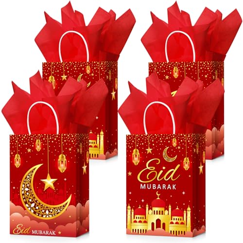 16 Sets Eid Mubarak Gift Bags with Tissue Paper, Ramadan Goodies Bags for Ramadan Party Supplies Favor (Red) - color: Red