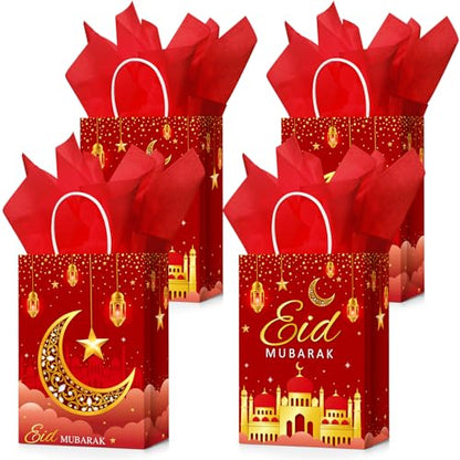 16 Sets Eid Mubarak Gift Bags with Tissue Paper, Ramadan Goodies Bags for Ramadan Party Supplies Favor (Red) - color: Red