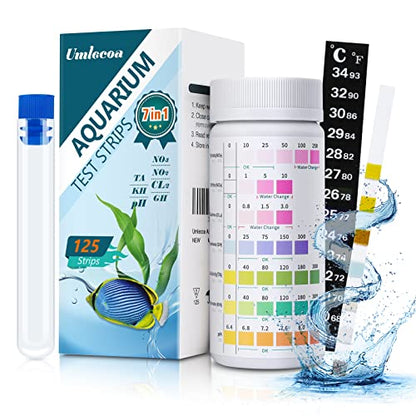 Umlecoa 7 in 1 Aquarium Test Kit for Freshwater and Saltwater - 125 Aquarium Test Strips with Test Tube & Thermometer - Fast & Accurate Water Testing Strips for Aquarium/Pond/Pool - size: 7 IN 1