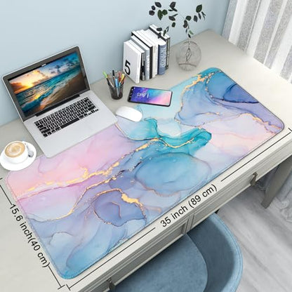 Desk Mat Pad,Large XXL Extended Mouse Pad Mat for Desktop Keyboard | 35''×15.6'' XXL Extended Gaming Mouse Pad with Non-slip Base Desk Matt Mousepad for Computer,Office,Keyboard and Laptop - color: F3- Blue Marble
