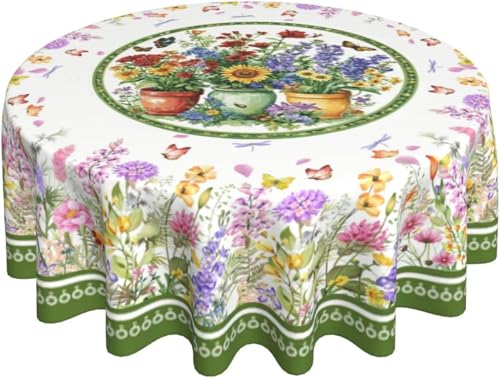 Flower Butterfly Tablecloth Spring Round Table Cover Washable Table Cloth for Home Kitchen Party Picnic 60 Inch - color: Spring Flower Butterfly