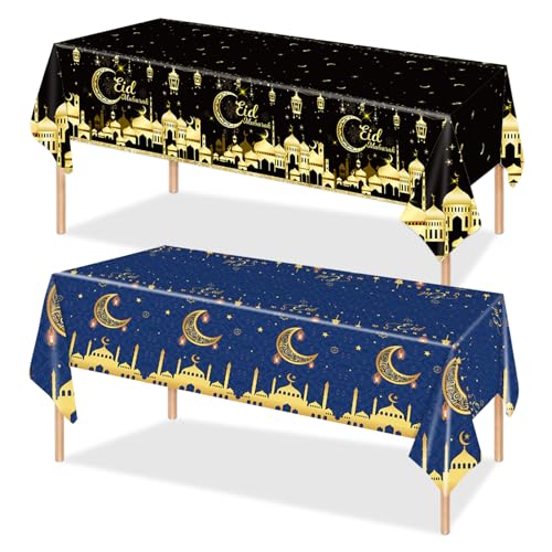 2PCS Eid Mubarak Tablecloths Ramadan Mubarak Table Cloths Eid Al-fitr Disposable Table Cover Islamic Eid Mubarak Decorations Moon Star Lantern Plastic Rectangle Tablecloth for Dinner Picnic 54"x108" - color: Ramadan