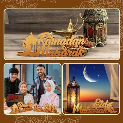 Yuntau 2 Pcs Ramadan Mubarak Wood Sign Eid Mubarak Wooden Table Centerpiece Ramadan Wooden Tabletop Decor Moon Star Islamic Mosque Letter Sign Ramadan Decorations for Home Allah Muslim Gifts(Bright)