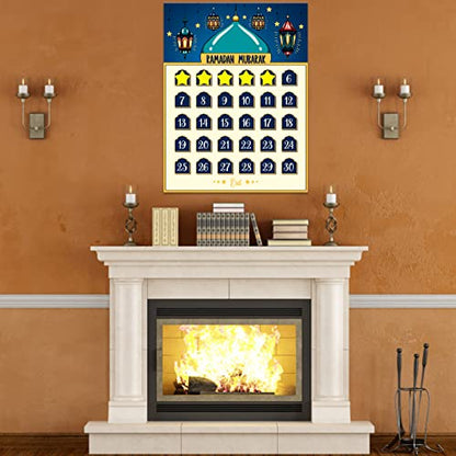FLYAB Ramadan Calendar 2025 Eid Mubarak Countdown for Kids 30 Days Advent Poster Decorations Home Wall with 36 Star Stickers and 1PCS Small Card