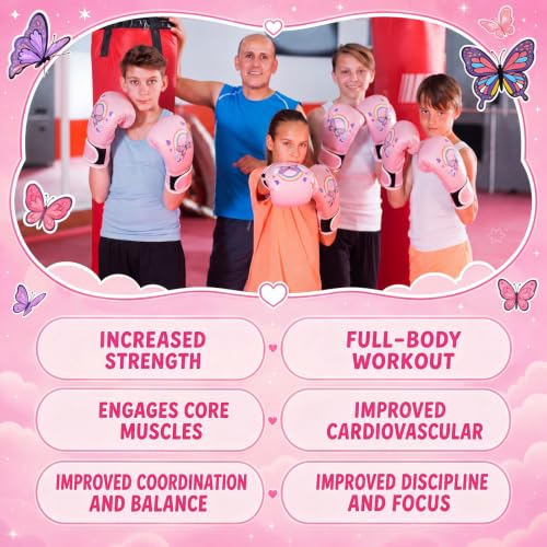 Boxing Gloves and Punching Mitts Set 4oz Gloves Boxing Pads Kids Youth Sparring Gear Training Equipment for Taekwondo Kick Karate Muay Thai MMA Martial Art - style: Pink Butterfly