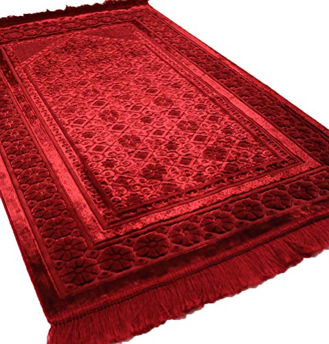 Modefa Velvet Prayer Rug - Soft Plush Turkish Janamaz Sajada Carpet for Men and Women - Plain Solid Prayer Mat Ramadan Eid Gift - with Prayer Beads - Luxury Floral Stamp (Red) - color: Red