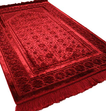 Modefa Velvet Prayer Rug - Soft Plush Turkish Janamaz Sajada Carpet for Men and Women - Plain Solid Prayer Mat Ramadan Eid Gift - with Prayer Beads - Luxury Floral Stamp (Red) - color: Red