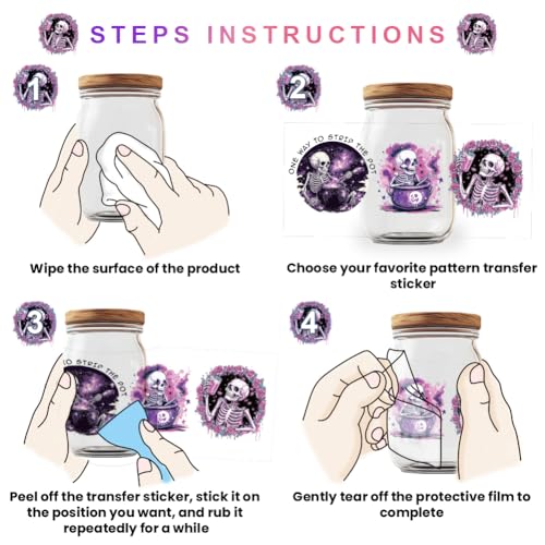 10 Sheets UV DTF Cup Wraps, 10 Styles Magic Style Stickers Cartoon Skull Rub on Decals Purple Waterproof Transfer Stickers for Glass Cups Wood Crafts - style: Magic Style