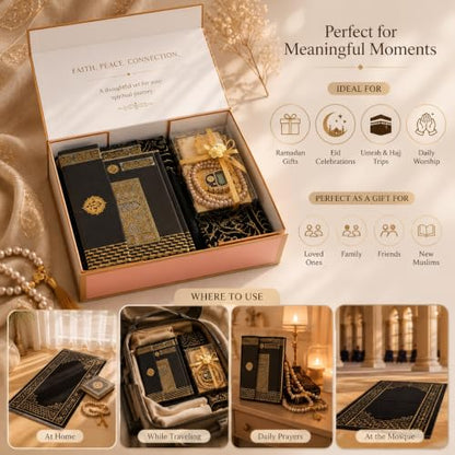 Luxury Islamic Gift Set - Women & Men – Quran, Prayer Mat, 99 Bead Tasbih, Digital Tasbeeh Counter & Mini Quran in Elegant Gift Box – Ramadan, Eid, Hajj, Umrah, Wedding & Muslim Gifts