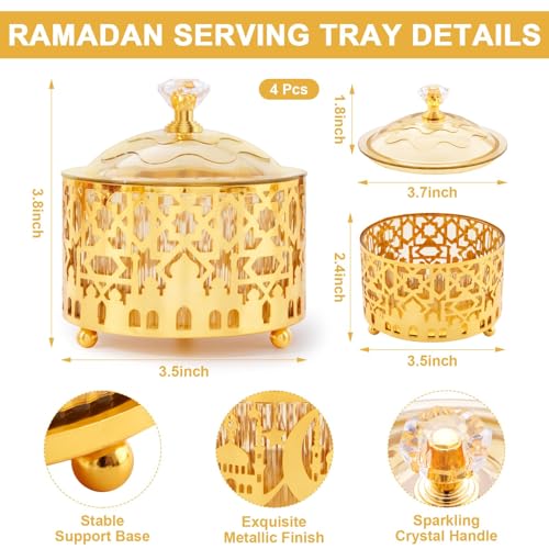 4 Pcs Eid Mubarak Plates with Lids Metal Gold Moon Castle Star Arabesque Ramadan Serving Tray, Food Container for Cookie Candy Pastry Dessert, Ramadan Decorations Table Display Set
