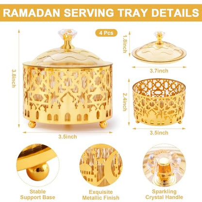4 Pcs Eid Mubarak Plates with Lids Metal Gold Moon Castle Star Arabesque Ramadan Serving Tray, Food Container for Cookie Candy Pastry Dessert, Ramadan Decorations Table Display Set