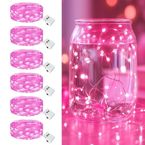 6 Pack Fairy Lights Battery Operated - 7ft 20 Led Twinkle Lights 3 Modes, Bulk Mini String Light Waterproof for Mason Jars Vases DIY Party Wedding Decoration Mothers Day- Pink - color: Pink, size: 6 Pack