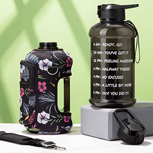 Fimibuke Half Gallon Water Bottle with Sleeve 64 OZ Water Bottle with Handle & Straw Leakproof Motivational Sports Gym Water Bottle with Time Marker BPA Free Water Jug with Reusable Neoprene Holder - color: C1.White Hibiscus