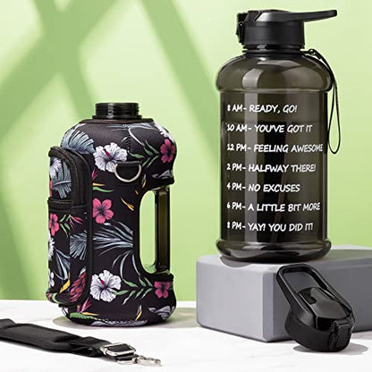 Fimibuke Half Gallon Water Bottle with Sleeve 64 OZ Water Bottle with Handle & Straw Leakproof Motivational Sports Gym Water Bottle with Time Marker BPA Free Water Jug with Reusable Neoprene Holder - color: C1.White Hibiscus