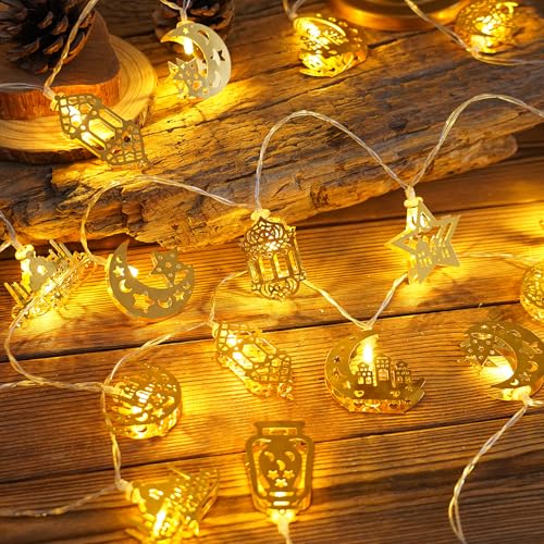 Ramadan Decorations String Lights, Metal Moon Star Battery Operated 10ft 20 LED Ramadan Lights with Remote, Timer & 8 Lighting Modes, Islamic Decor for Home Wall Fireplace Eid Mubarak Party - style: Ramadan Decorations