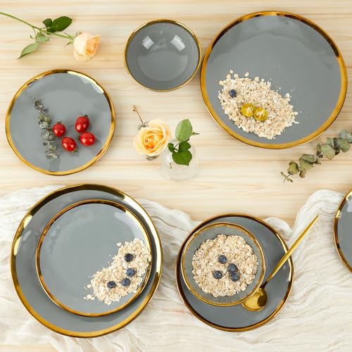 Pokini Porcelain Luxury Dinnerware Sets, Modern Plates and Bowls Sets for 4, Highly Chip and Crack Resistant, Grey and Gold Rim China Dishes Set for Wedding Anniversary - color: Grey and Gold