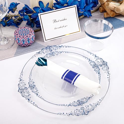 Hioasis 175pcs Clear and Blue Plates - Blue Party Plates for 25 Guest, Include 50 Heavy-duty Plates(20% Thicker Than Standard), 25 Pre Rolled Gold Plastic Silverware Set, 25 Cups for Graduation - color: Clear and Blue