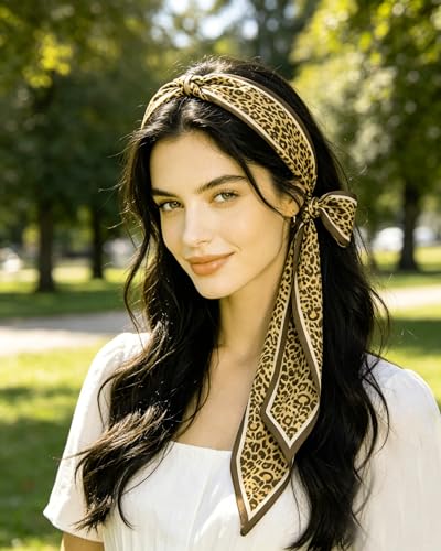 Silky Satin Long Skinny Head Scarf for Women - Neck Hair Scarf, Purse Bag Belt Accessory, Silk Feeling, 57"x5" - color: Leopard Print 065