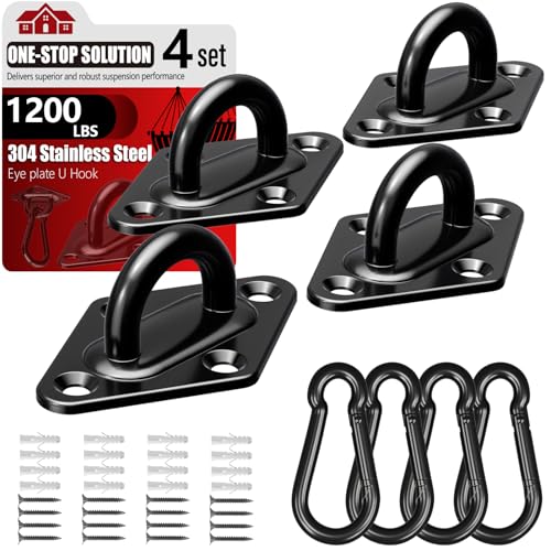 sprookber 304 Stainless Steel Pad Eye Snap Hooks, M8 Heavy Duty Ceiling Hook, 1200 lb Capacity Hammock Swing Hanging kit, Plant Hangers, Marine Hardware Staple Hook Loop with Screws, Set of 8(Black) - size: 3.15 inch, style: Black Rhombus
