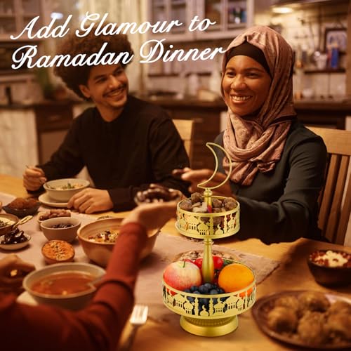 Ramadan Serving Trays - 2 Tiered Metal Platters Eid Mubarak Islam Muslim Al-Fitr Iftar Party Food Serving Tray Ramadan Decoration for Home Breakfast Dinner Table Decor (Gold Castle)